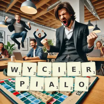 Kreatywna ilustracja do gry w Scrabble ze słowem WYCIERPIALO ułożonym z płytek na planszy.