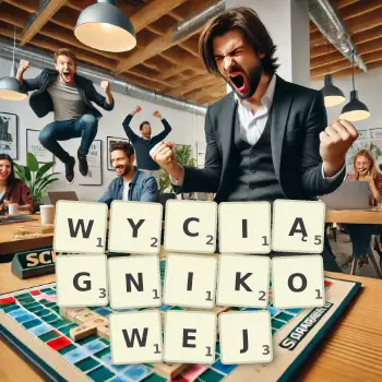Kreatywna ilustracja do gry w Scrabble ze słowem WYCIĄGNIKOWEJ ułożonym z płytek na planszy.