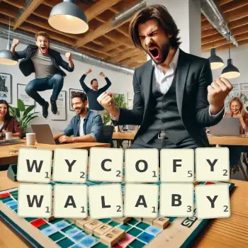 Kreatywna ilustracja do gry w Scrabble ze słowem WYCOFYWALABY ułożonym z płytek na planszy.