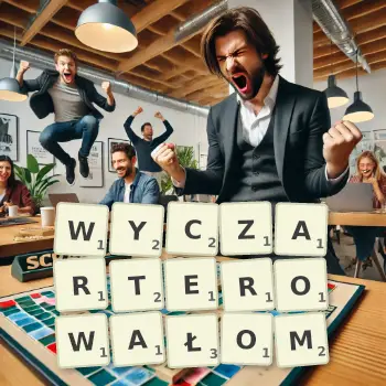 Kreatywna ilustracja do gry w Scrabble ze słowem WYCZARTEROWAŁOM ułożonym z płytek na planszy.