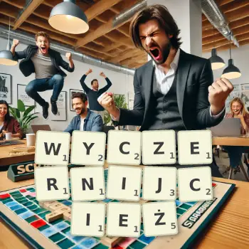 Kreatywna ilustracja do gry w Scrabble ze słowem WYCZERNIJCIEŻ ułożonym z płytek na planszy.