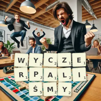 Kreatywna ilustracja do gry w Scrabble ze słowem WYCZERPALIŚMY ułożonym z płytek na planszy.