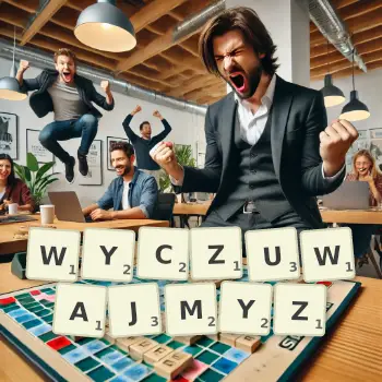Kreatywna ilustracja do gry w Scrabble ze słowem WYCZUWAJMYZ ułożonym z płytek na planszy.
