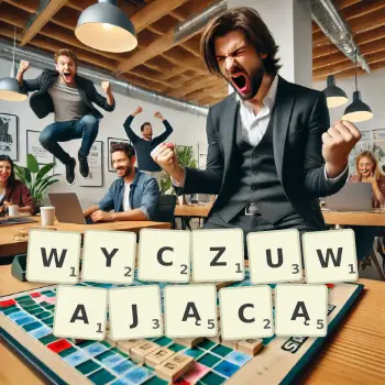 Kreatywna ilustracja do gry w Scrabble ze słowem WYCZUWAJĄCĄ ułożonym z płytek na planszy.