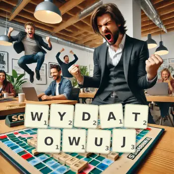 Kreatywna ilustracja do gry w Scrabble ze słowem WYDATOWUJ ułożonym z płytek na planszy.