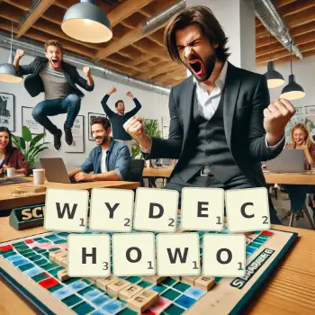 Kreatywna ilustracja do gry w Scrabble ze słowem WYDECHOWO ułożonym z płytek na planszy.
