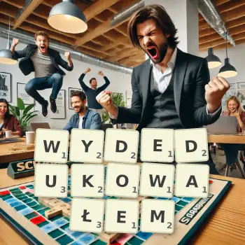 Kreatywna ilustracja do gry w Scrabble ze słowem WYDEDUKOWAŁEM ułożonym z płytek na planszy.