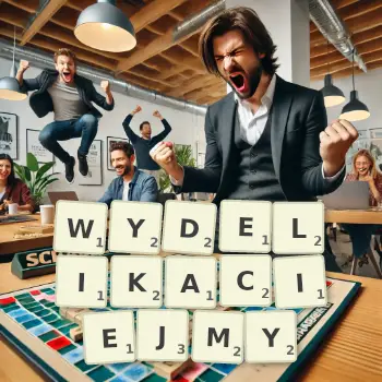 Kreatywna ilustracja do gry w Scrabble ze słowem WYDELIKACIEJMY ułożonym z płytek na planszy.