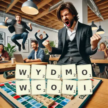 Kreatywna ilustracja do gry w Scrabble ze słowem WYDMOWCOWI ułożonym z płytek na planszy.