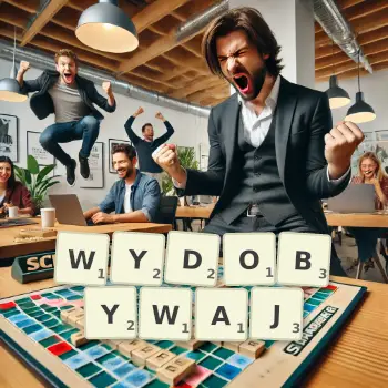 Kreatywna ilustracja do gry w Scrabble ze słowem WYDOBYWAJ ułożonym z płytek na planszy.