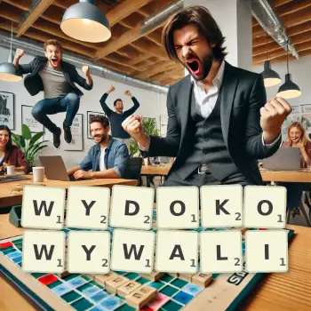 Kreatywna ilustracja do gry w Scrabble ze słowem WYDOKOWYWALI ułożonym z płytek na planszy.