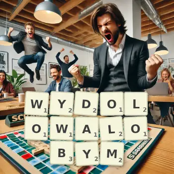 Kreatywna ilustracja do gry w Scrabble ze słowem WYDOLOWALOBYM ułożonym z płytek na planszy.