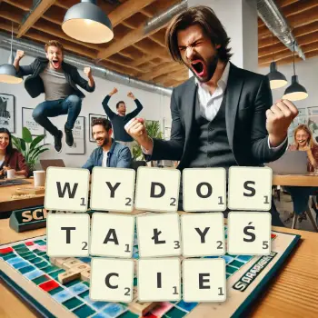 Kreatywna ilustracja do gry w Scrabble ze słowem WYDOSTAŁYŚCIE ułożonym z płytek na planszy.