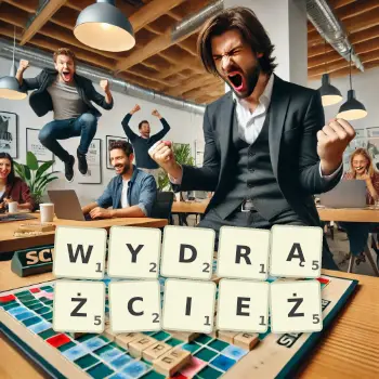 Kreatywna ilustracja do gry w Scrabble ze słowem WYDRĄŻCIEŻ ułożonym z płytek na planszy.