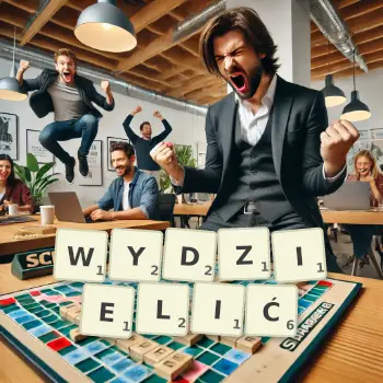 Kreatywna ilustracja do gry w Scrabble ze słowem WYDZIELIĆ ułożonym z płytek na planszy.