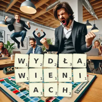 Kreatywna ilustracja do gry w Scrabble ze słowem WYDŁAWIENIACH ułożonym z płytek na planszy.