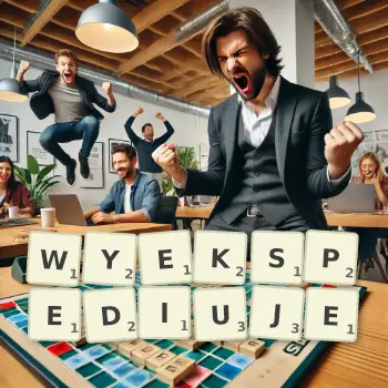 Kreatywna ilustracja do gry w Scrabble ze słowem WYEKSPEDIUJE ułożonym z płytek na planszy.