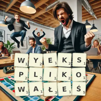Kreatywna ilustracja do gry w Scrabble ze słowem WYEKSPLIKOWAŁEŚ ułożonym z płytek na planszy.