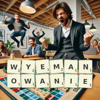 Kreatywna ilustracja do gry w Scrabble ze słowem WYEMANOWANIE ułożonym z płytek na planszy.