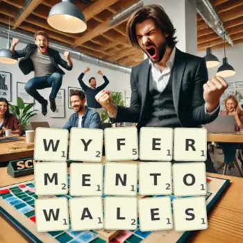 Kreatywna ilustracja do gry w Scrabble ze słowem WYFERMENTOWALES ułożonym z płytek na planszy.
