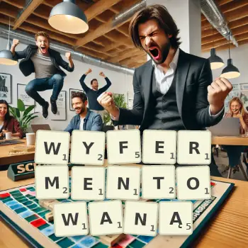 Kreatywna ilustracja do gry w Scrabble ze słowem WYFERMENTOWANĄ ułożonym z płytek na planszy.