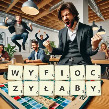 Kreatywna ilustracja do gry w Scrabble ze słowem WYFIOCZYŁABY ułożonym z płytek na planszy.