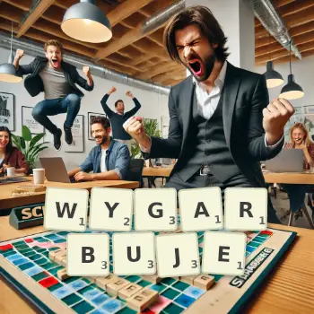 Kreatywna ilustracja do gry w Scrabble ze słowem WYGARBUJE ułożonym z płytek na planszy.