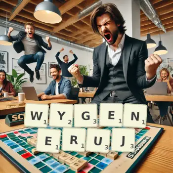 Kreatywna ilustracja do gry w Scrabble ze słowem WYGENERUJ ułożonym z płytek na planszy.