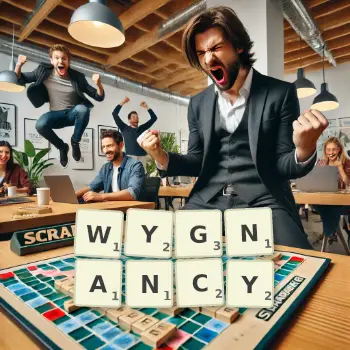 Kreatywna ilustracja do gry w Scrabble ze słowem WYGNANCY ułożonym z płytek na planszy.