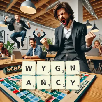 Kreatywna ilustracja do gry w Scrabble ze słowem WYGNAŃCY ułożonym z płytek na planszy.