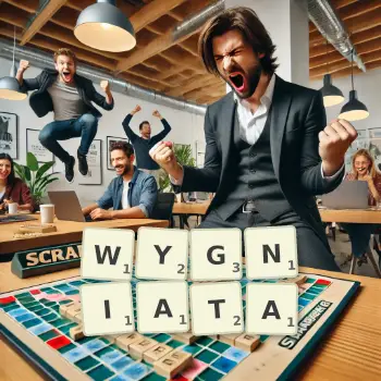 Kreatywna ilustracja do gry w Scrabble ze słowem WYGNIATA ułożonym z płytek na planszy.