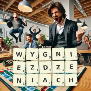 Kreatywna ilustracja do gry w Scrabble ze słowem WYGNIEZDZENIACH ułożonym z płytek na planszy.