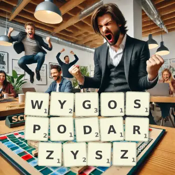 Kreatywna ilustracja do gry w Scrabble ze słowem WYGOSPODARZYSZ ułożonym z płytek na planszy.