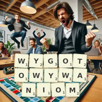 Kreatywna ilustracja do gry w Scrabble ze słowem WYGOTOWYWANIOM ułożonym z płytek na planszy.