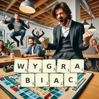 Kreatywna ilustracja do gry w Scrabble ze słowem WYGRABIAC ułożonym z płytek na planszy.