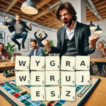Kreatywna ilustracja do gry w Scrabble ze słowem WYGRAWERUJESZ ułożonym z płytek na planszy.
