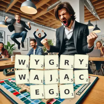 Kreatywna ilustracja do gry w Scrabble ze słowem WYGRYWAJĄCEGO ułożonym z płytek na planszy.