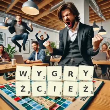 Kreatywna ilustracja do gry w Scrabble ze słowem WYGRYŹCIEŻ ułożonym z płytek na planszy.