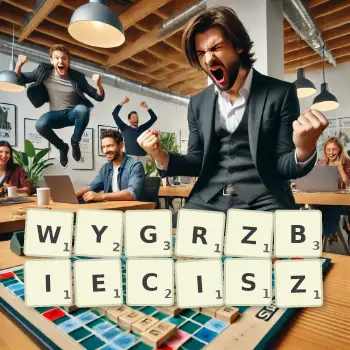 Kreatywna ilustracja do gry w Scrabble ze słowem WYGRZBIECISZ ułożonym z płytek na planszy.