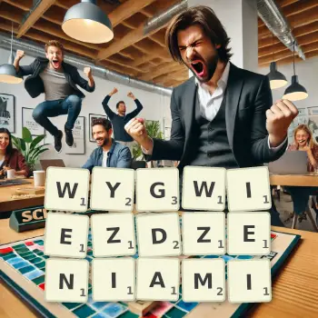 Kreatywna ilustracja do gry w Scrabble ze słowem WYGWIEZDZENIAMI ułożonym z płytek na planszy.