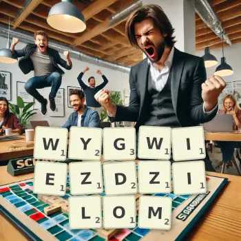 Kreatywna ilustracja do gry w Scrabble ze słowem WYGWIEZDZILOM ułożonym z płytek na planszy.