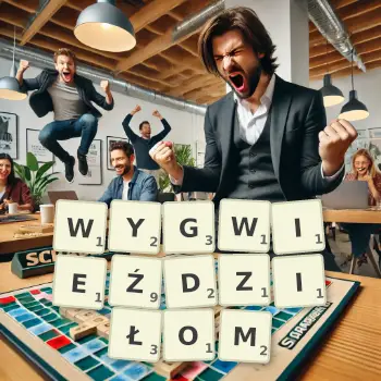 Kreatywna ilustracja do gry w Scrabble ze słowem WYGWIEŹDZIŁOM ułożonym z płytek na planszy.
