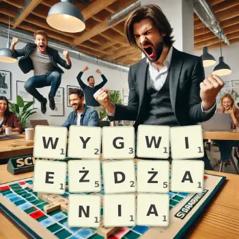 Kreatywna ilustracja do gry w Scrabble ze słowem WYGWIEŻDŻANIA ułożonym z płytek na planszy.