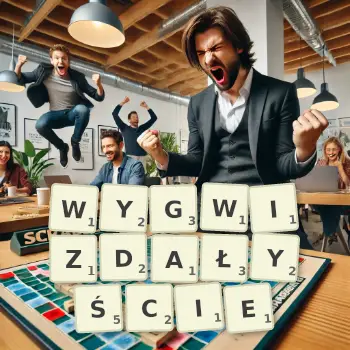 Kreatywna ilustracja do gry w Scrabble ze słowem WYGWIZDAŁYŚCIE ułożonym z płytek na planszy.