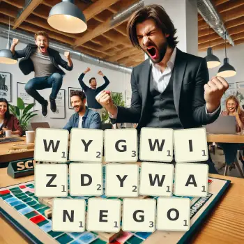 Kreatywna ilustracja do gry w Scrabble ze słowem WYGWIZDYWANEGO ułożonym z płytek na planszy.