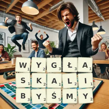 Kreatywna ilustracja do gry w Scrabble ze słowem WYGŁASKALIBYŚMY ułożonym z płytek na planszy.
