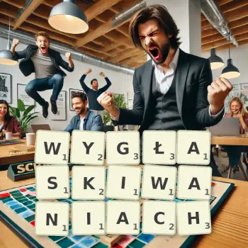 Kreatywna ilustracja do gry w Scrabble ze słowem WYGŁASKIWANIACH ułożonym z płytek na planszy.