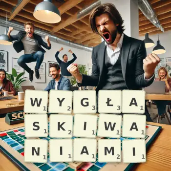 Kreatywna ilustracja do gry w Scrabble ze słowem WYGŁASKIWANIAMI ułożonym z płytek na planszy.