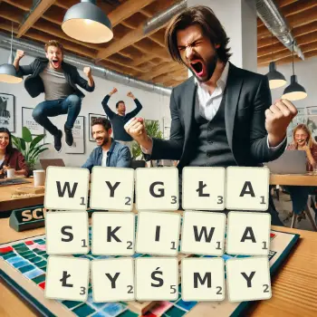 Kreatywna ilustracja do gry w Scrabble ze słowem WYGŁASKIWAŁYŚMY ułożonym z płytek na planszy.