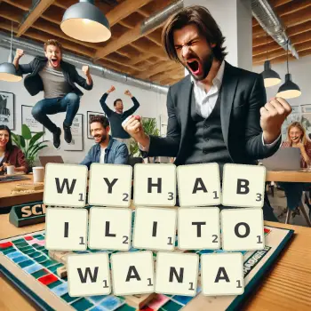 Kreatywna ilustracja do gry w Scrabble ze słowem WYHABILITOWANA ułożonym z płytek na planszy.